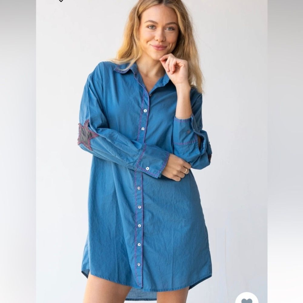 Natural Life 100% Cotton Blue Button Up Shirt Dress Pink Details Star Elbows M